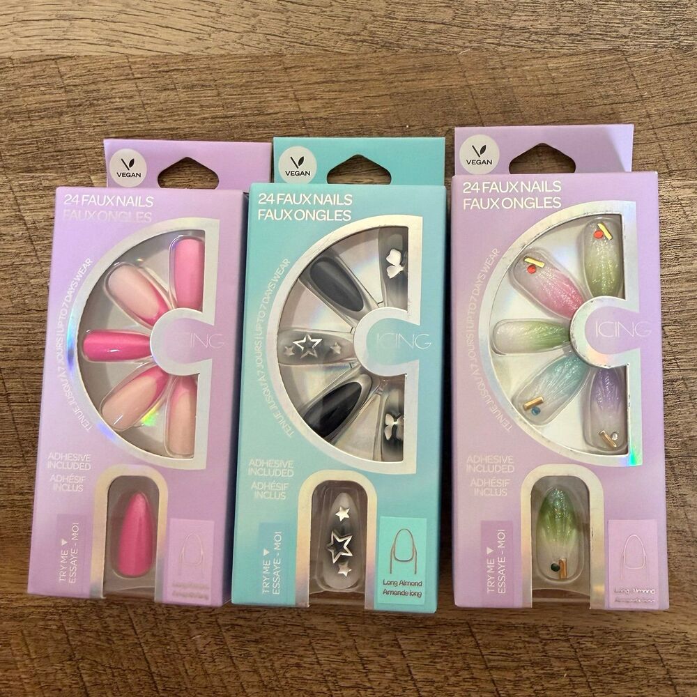 3 boxes Icing vegan 24 faux press-on nails long almond
